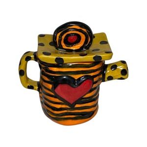 Whimsical Art Pottery Tea Pot W Stripes & Heart, signed by artist , Vintage